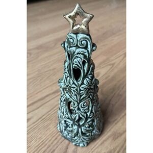 Christmas Tree Candle Holder Votive Tea Light 11" Ceramic Green/Gold By Elements